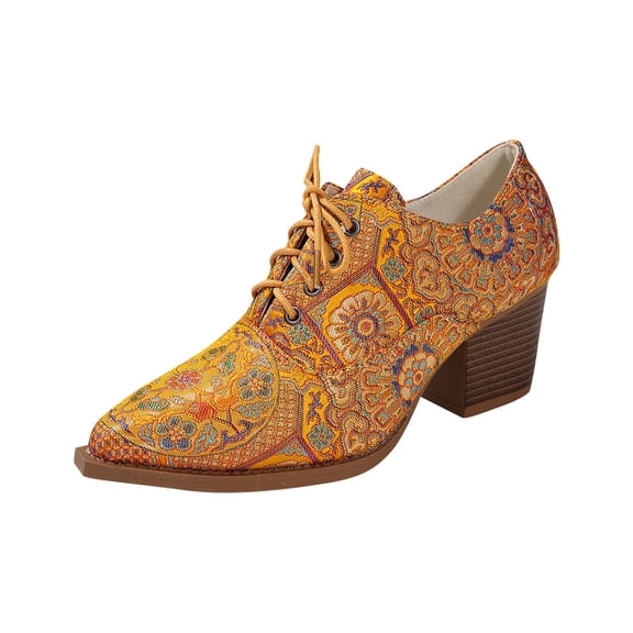 Yellow Women Yellow Pointed Toe Shoes Lace Up Chunky High Heel Ethnic Print For Casual Four Season Wear