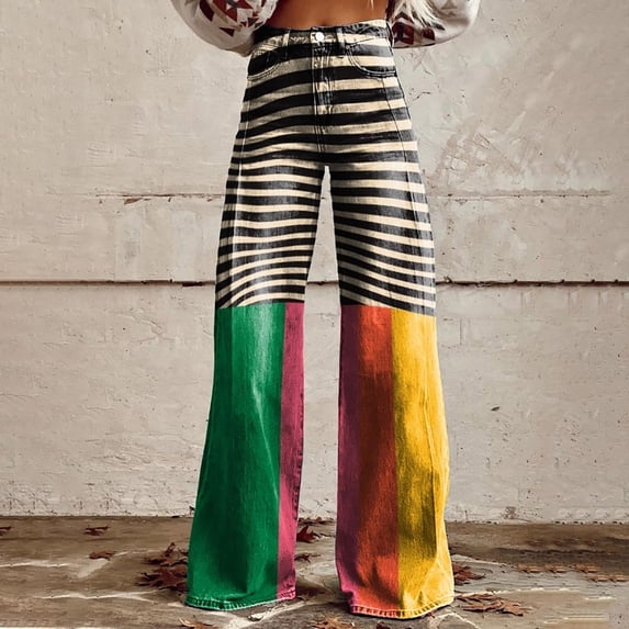 Yellow Women's Casual Pants, 2025 New Summer Flower Wide Leg Pants Lightweight And Loose Casual Colorful Pants Imitation Jeans,Women's Casual Pants M
