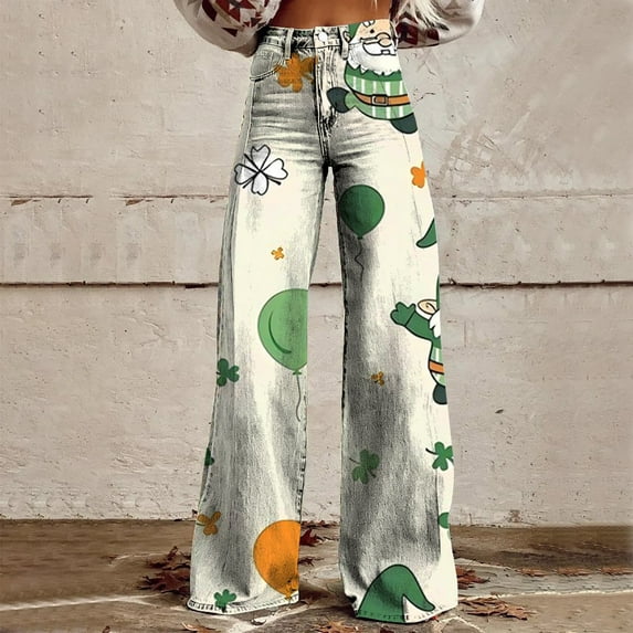 Yellow Women's Casual Pants, Wide Leg Pants Woman High Waist Floral Patterned Pants Lightweight Loose Fit Casual Colorful Trouser Imitation Jeans,Women's Casual Pants M