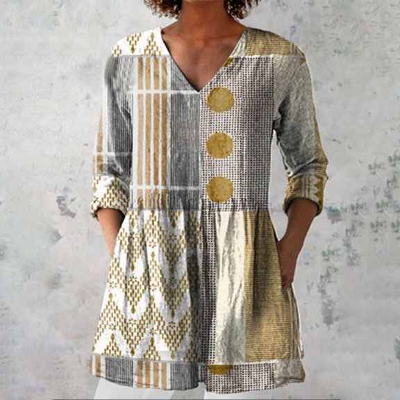 Yellow Women's Long Sleeve T-shirt, 2025 New Women'S Summer Printed Group Shirt Women'S Linen V Neck Casual Shirt,Women's Long sleeve T-shirt S