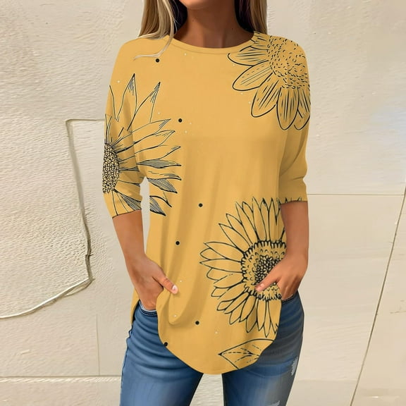 Yellow Women's Long Sleeve T-shirt, 3/4 Length Sleeve Womens Tops 2025 Spring Neck Casual Print Tunic T Shirts Three Quarter Length Womens Tops,Women's Long sleeve T-shirt XXL