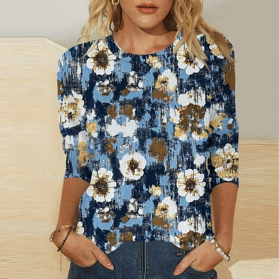 Yellow Women's Long Sleeve T-shirt, 3/4 Length Sleeve Womens Tops Casual Round Neck Cute Tops Fashion Loose Fit T Shirts Ladies Tops And Blouses,Women's Long sleeve T-shirt XXL