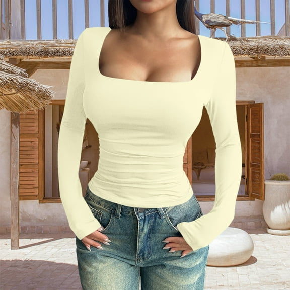 Yellow Women's Long Sleeve T-shirt, Fashion Women'S Long Sleeve Solid Square Neck Blouse Long Top Loose T Shirt,Women's Long sleeve T-shirt XL