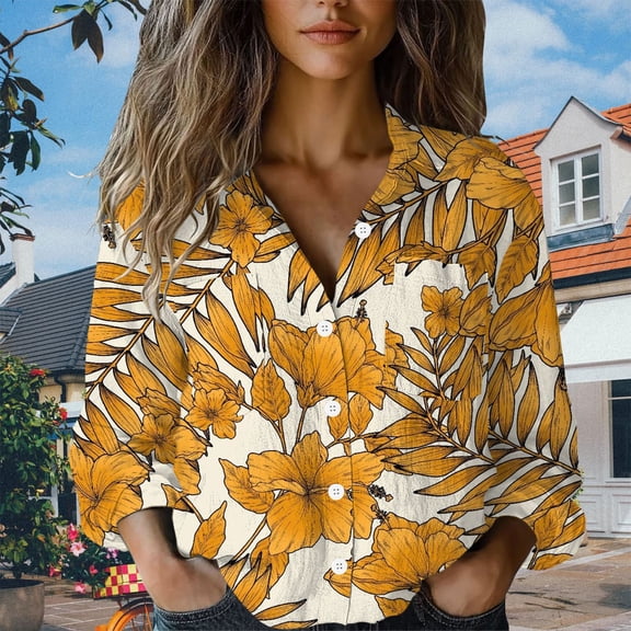 Yellow Women's Long Sleeve T-shirt, Women Cotton Shirt Printed Fashion Button Down Shirts Casual Tops Long Sleeve Blouse,Women's Long sleeve T-shirt XXL