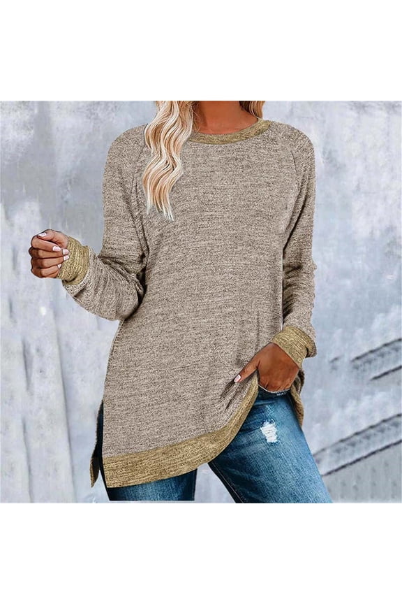 Yellow Women's Long Sleeve T-shirt, Round Neck Split Top Loose Casual Pullover Shirts XL