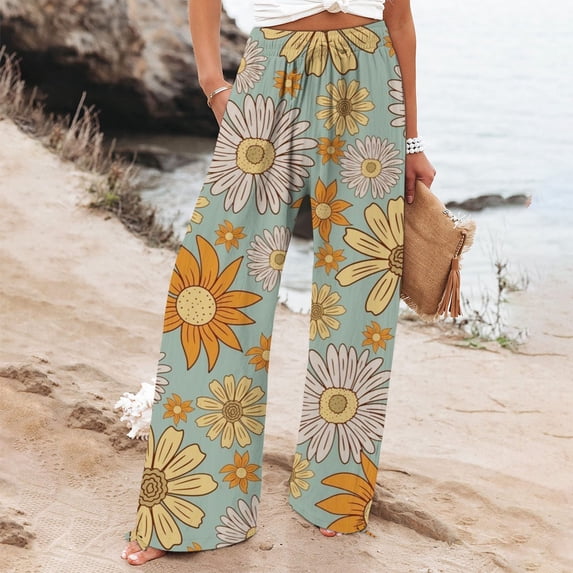 Yellow Women's Plus Size Pants, Women'S Casual And Fashionable Beach Elastic Waist Wide Leg Pants With Colorful Floral Print Pockets,Women's Plus Size Pants S