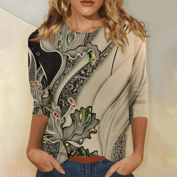 Yellow Women's Short Sleeve T-shirt, 3/4 Length Sleeve Womens Tops Summer 2024 T Shirts Floral Print Crew Neck Casual Basic Tee Fit Tunic Tops Blouse,Women's Short sleeve T-shirt L