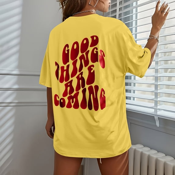 Yellow Women's Short Sleeve T-shirt, Good Things Are Coming Women'S Letter Printed Round Neck T Shirt Fashion Top Lightweight Soft Casual Summer Clothing