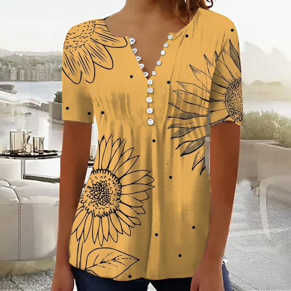 Yellow Women's Short Sleeve T-shirt, Summer Tops For Women 2025 Trendy Boho Floral Print Tunic Shirts Short Sleeve V Neck Tshirt Casual Loose Blouse,Women's Short sleeve T-shirt XXL