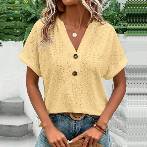 Yellow Women's Short Sleeve T-shirt, Women Loose V Neck Short Sleeve Tops Casual Pure Color Lace Summer Shirts Blouse,Women's Short sleeve T-shirt M