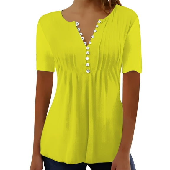 Yellow Women's Short Sleeve T-shirt, Women'S Casual Pleated Round Neck Button Open Short Sleeve Loose T Shirt Shirt Top,Women's Short sleeve T-shirt XL