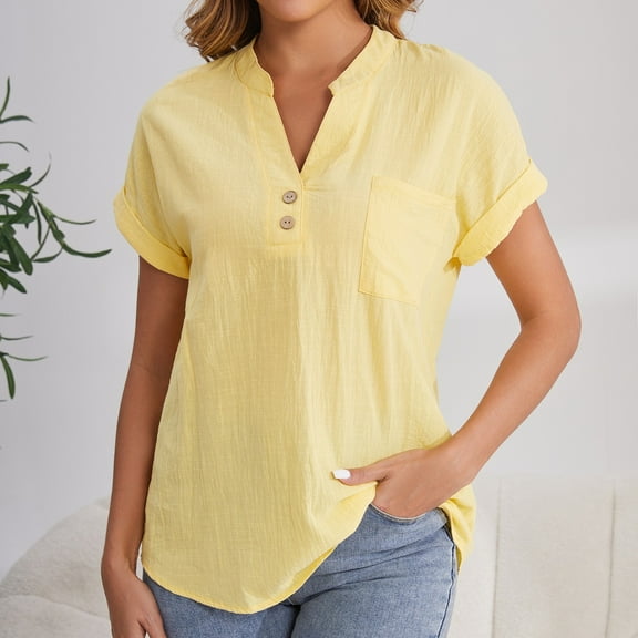 Yellow Women's Short Sleeve T-shirt, Women'S Fashion Casual V Neck Down Short Sleeve Top T Shirt,Women's Short sleeve T-shirt M