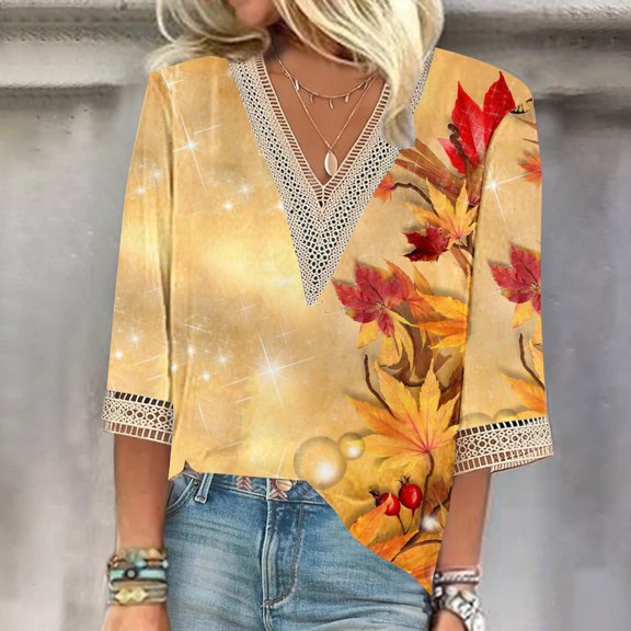 Yellow Women's Short Sleeve T-shirt, Women'S V Neck Lace Edge Gradient Print Loose Seven Quarter Sleeve T Shirt,Women's Short sleeve T-shirt S