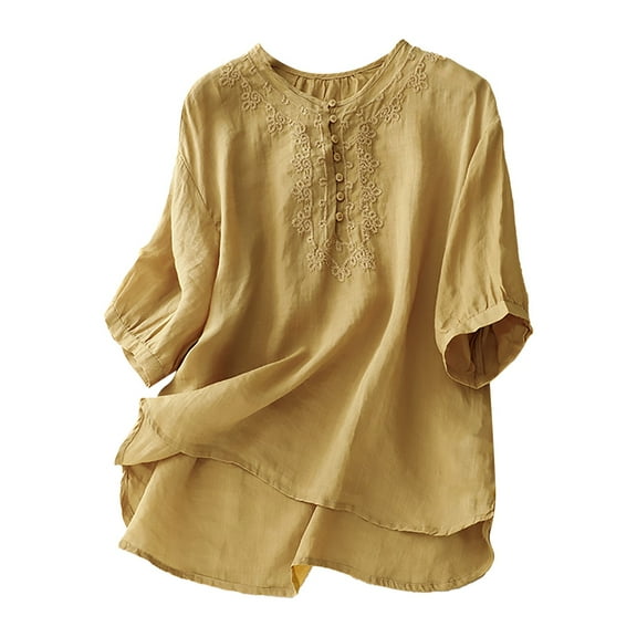 Yellow Women's Short Sleeve T-shirt, Women'S Vintage Cotton Linen Round Neck Embroidery Loose Mid Sleeve T Shirt Top,Women's Short sleeve T-shirt XL