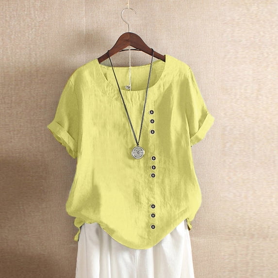 Yellow Women's Short Sleeve T-shirt, Womens Casual Loose Button Linen Plus Size Daily Boho Tanic T-Shirt Blouse Tops,Women's Short sleeve T-shirt XL