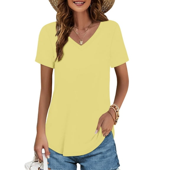 Yellow Women's Short Sleeve T-shirt, Womens T Shirts V Neck Summer Short/Long Sleeve Cotton Tops Tees,Women's Short sleeve T-shirt XL