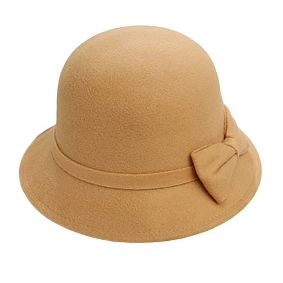 Yellow Women's Sun Hats, Solid Color Wide Brim Round Dome Warm Woolen Hat Women Autumn Winter Elegant Bowknot Decor Fedora Hat Daily Wear,Women's Accessories Sun Hats