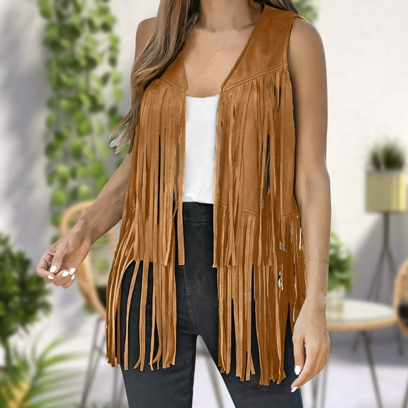 Yellow Women's Tanks, Womens Fringe Vest 70S Hippie Costume Sleeveless Western Faux Suede Tassel Leather Outerwear,Women's Tanks & Camis 3XL