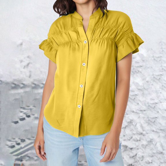 Yellow Womens Blouses Casual Short Sleeved Pleated Shirt Solid Color Cotton and Linen Stand Up Collar Shirt for Women Ladies Tops and Blouses