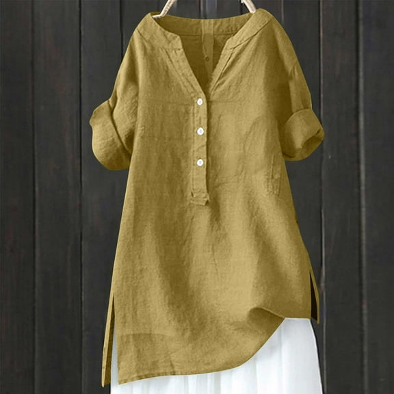 Yellow Womens Blouses Loose Button Shirt Top Stand Solid Color Sleeve Collar Casual Women's Shirt Women's Shirt Ladies Tops and Blouses