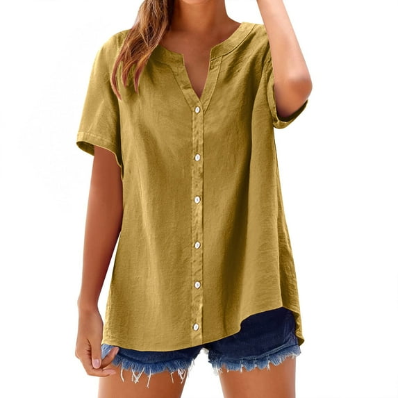 Yellow Womens Blouses Loose Button Shirt Top Stand Solid Color Sleeve Collar Casual Women's Shirt Women's Shirt Ladies Tops and Blouses