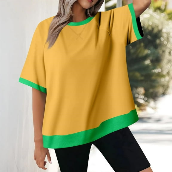 Yellow Womens Blouses Summer Tops for Women 2025 Trendy Splicing Threaded Crewneck Tshirt Loose Casual Pullover Short Sleeve T Shirts Ladies Tops and Blouses