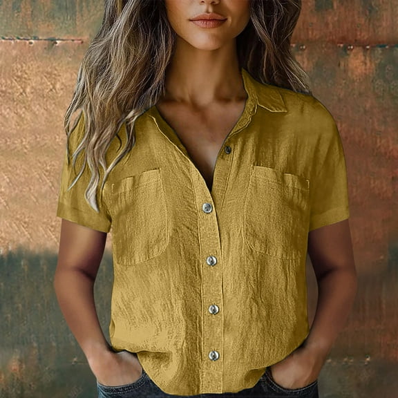 Yellow Womens Blouses Women Cotton Shirt Printed Fashion Down Shirts Casual Tops Short Sleeve Blouse Ladies Tops and Blouses