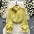 thumbnail image 1 of Yellow Womens Blouses Women's Spring Solid Color Round Neck Three Flower Bubble Sleeve Long Sleeved Chiffon Shirt Ladies Tops and Blouses, 1 of 4