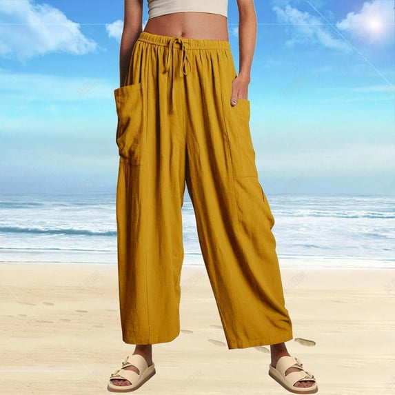 Yellow Womens Dress Pants For Work, Womens Dress Pants, Work Clothes For Women 2024, Womens Summer Pants, LILLUSORY Women‘s Linen Wide Leg Pants 2023 Casual Loose Lightweigt Beach Palazzo Harem