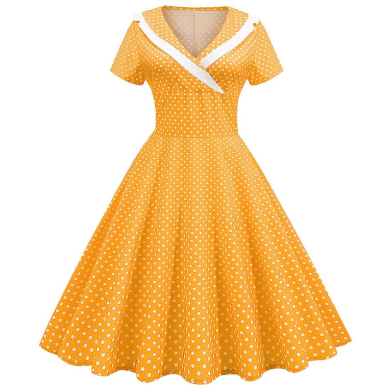 Yellow Womens Dresses Women's Retro Dress Short Sleeved Polka Dot