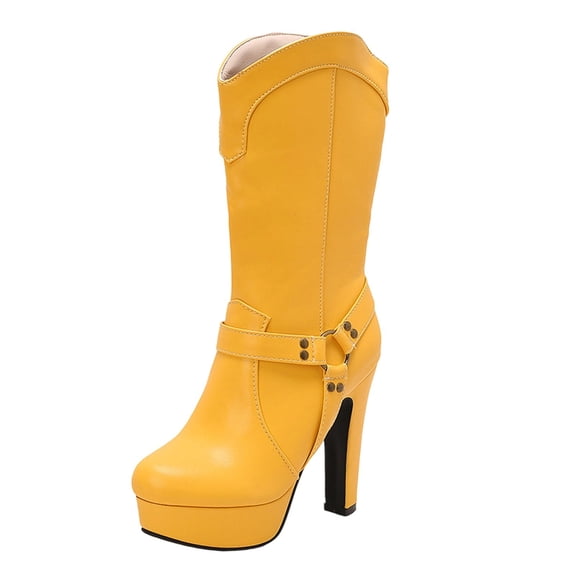Yellow Womens Fashion Boots With Solid Color And Belt Buckle Detail Platform Heel For Comfortable And Chic Wear