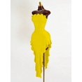 thumbnail image 1 of Yellow Womens Fitted Asymmetrical Hem 3D Floral Bandeau Dress, Ruched Body with Layered Ruffle Skirt, 1 of 6