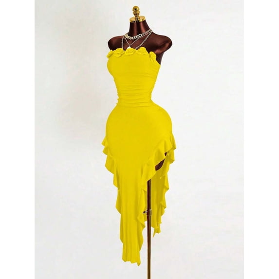 Yellow Womens Fitted Asymmetrical Hem 3D Floral Bandeau Dress, Ruched Body with Layered Ruffle Skirt