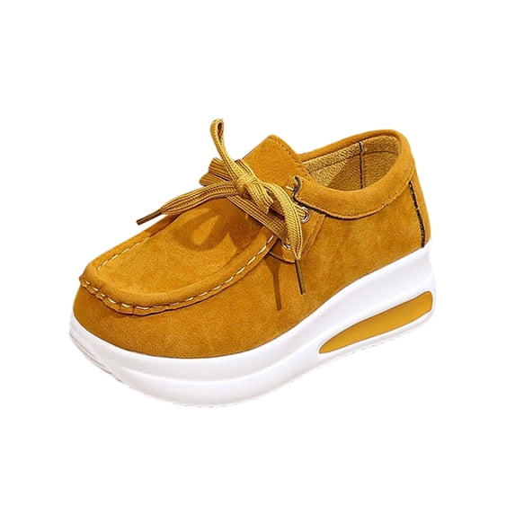Yellow Womens Flock Loafers With Wedge Sole And Lace-Up Detail For Casual And Professional Wear