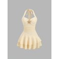 thumbnail image 1 of Yellow Womens Halter Tie Front Ruched Bust Textured Layered Ruffle Hem Mini Dress, 1 of 6