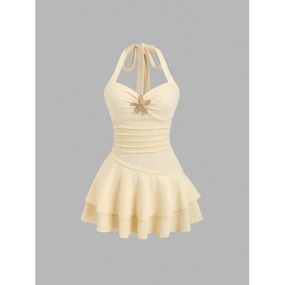 Yellow Womens Halter Tie Front Ruched Bust Textured Layered Ruffle Hem Mini Dress