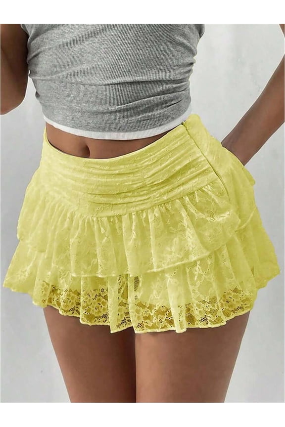 Yellow Womens High Rise Lace Tiered Ruffled Mini Skirt A-Line Flowy Summer Streetwear