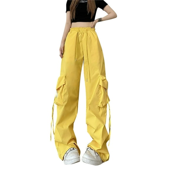Yellow Womens Joggers Fashion Streetwear Pockets Wide Leg High Waist Straight Trousers Overalls Wide Leg Pants Woman Size XL