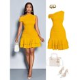 thumbnail image 1 of Yellow Womens One Shoulder Knit Ruched Double Ruffle Mini Dress For Party Or Daytime Wear, 1 of 7