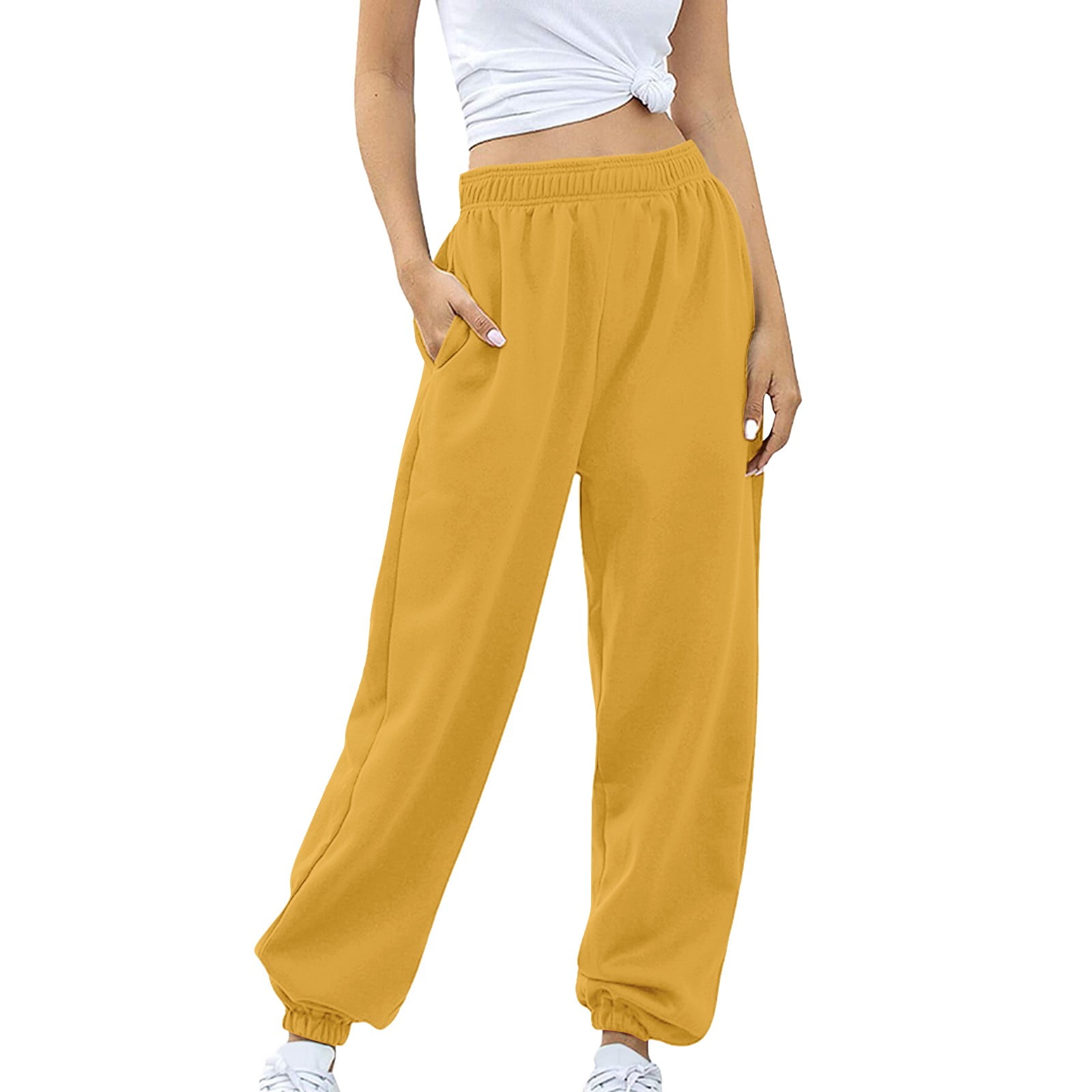 Yellow Womens Pants Bottom Sweatpants No Drawstring Joggers Pants Workout High Waisted Yoga Pants With Pockets Womens Work Trousers Size L