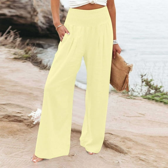Yellow Womens Pants High Waist Wide Leg Pants for Women Smocked Elastic Waist High Waist Loose Comfy Casual Pants with Pockets Sweatpants Womens Fashion