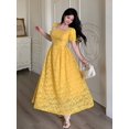 thumbnail image 1 of Yellow Womens Square Neck Puff Sleeve Fit & Flare Midi Dress With 3D Floral Embellishment, 1 of 6