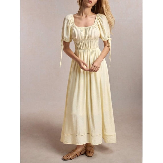 Yellow Womens Square Neck Puff Sleeve Maxi Dress With Tie Straps