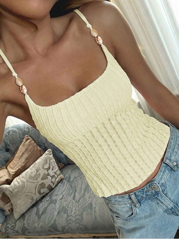 Yellow Womens Summer Casual Fitted Tank Top With Shell Bead Straps And Crinkled Jacquard Texture