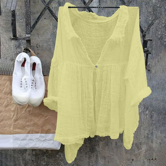 Yellow Womens Summer Tops Women's Casual Solid Color Cotton And Linen Lapel Single Shirt 3/4 Sleeved Shirt Shirts for Women