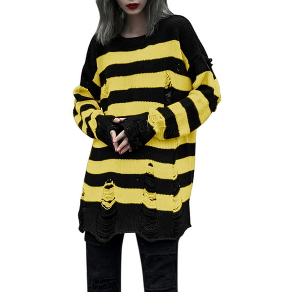 Yellow Womens Sweatshirt Fall and Winter Couple Sweater Thread Sweater Loose Lazy Knitting Bottom Hole Breaking Sweater Fall Clothes for Women