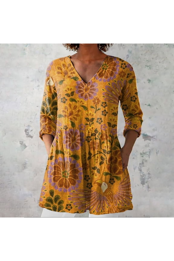 Yellow Womens Tops 2025 New Women's Summer Printed Group Shirt Women's Linen V Neck Casual Shirt