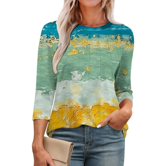 Yellow Womens Tops 3/4 Length Sleeve Womens Tops Round Neck Casual Tunic Tops Basic Pleated Shirts Loose Fit 2025 Shirts for Women