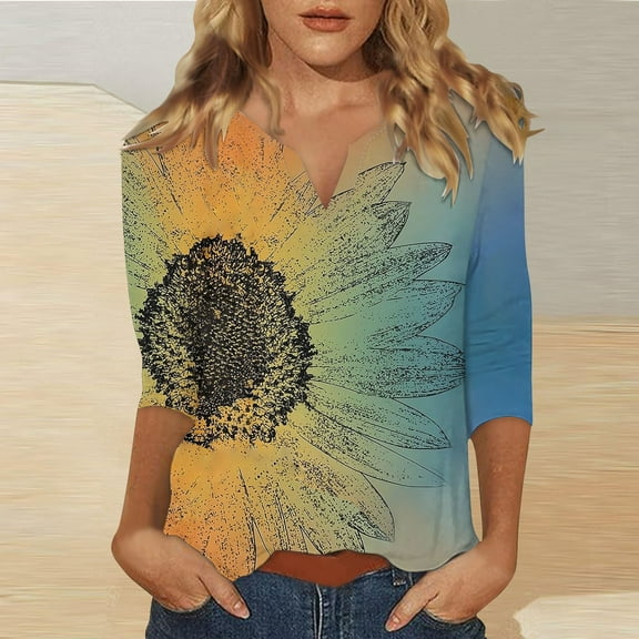 Yellow Womens Tops 3/4 Sleeve Tops for Women Summer Notched V Neck Plain T Shirts Casual Cute Three Quarter Length Blouses Shirts for Women