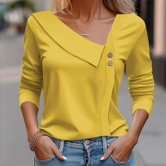 Yellow Womens Tops Asymmetrical Neck Tops for Women Long Sleeve Button Collared V Neck Blouses 2025 Fashion Work Casual Dressy Shirts Going Out Tops for Women